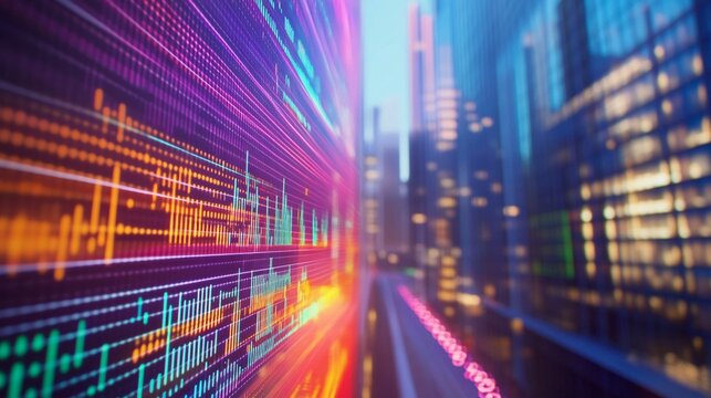 Vibrant digital stock market graph overlays futuristic cityscape, merging financial data with urban skyline in a dazzling display of technology and commerce.