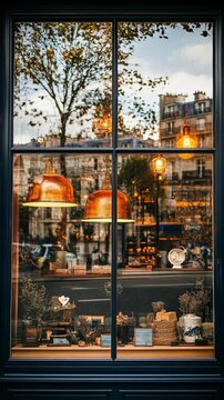 Cozy Parisian caf&eacute; window at dusk, warm copper lamps illuminating vintage decor inside, with autumn trees and classic buildings reflected in the panes.