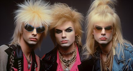 Obraz premium Glam rock band portrait in the 1980s. Big hair and makeup, Generative AI