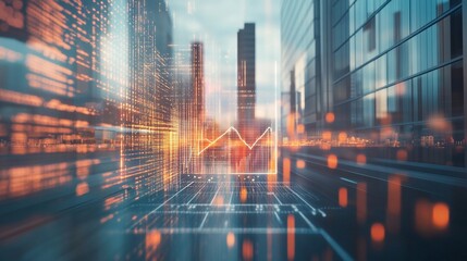 Futuristic cityscape blends with digital finance graph, symbolizing technological advancement in urban economics. Glowing data streams illuminate skyscrapers.