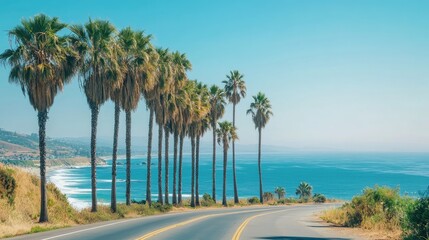 Coastal road lined with towering palm trees overlooking a serene ocean and sandy beach under a clear blue sky