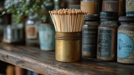 A vintage setting featuring a brass container filled with matches, surrounded by glass jars.