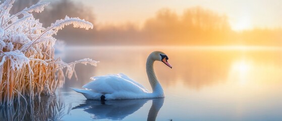 Fototapeta premium Majestic Swan Gliding on Serene Frosty Lake at Sunrise, Winter Landscape, Tranquil Nature Scene, Beautiful Wildlife Photography