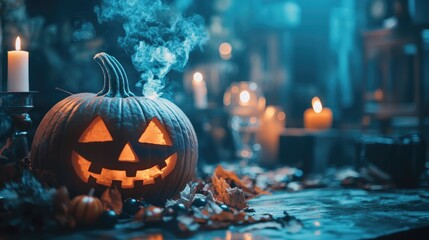 Obraz premium Spooky Halloween Background with Glowing Jack-o'-Lantern, Flickering Candles, and Autumn Leaves for Trick or Treat Themes