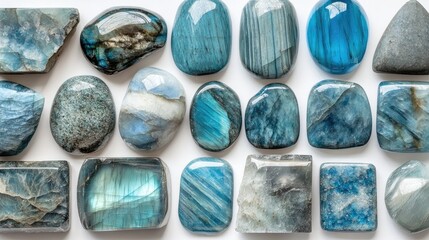Collection of polished blue Aquamarine, mystical Labradorite, and soothing Amazonite gemstones arranged on a white background, highlighting their serene hues and textures.