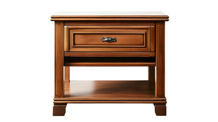 A compact wooden nightstand with a single drawer and an open shelf, isolated on a white background