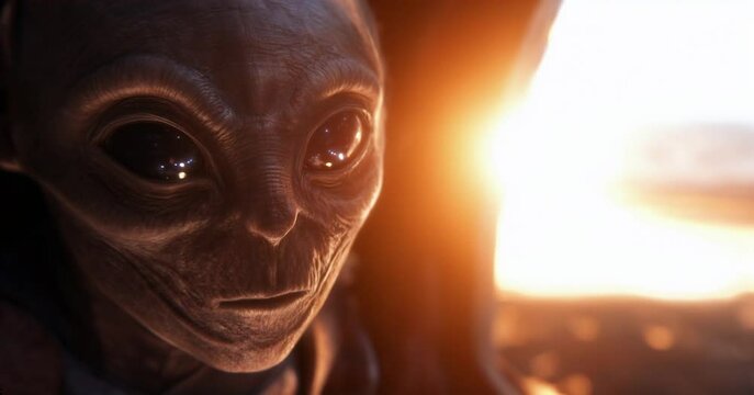 Alien Humanoid with Large Eyes Watching from a Flying UFO 