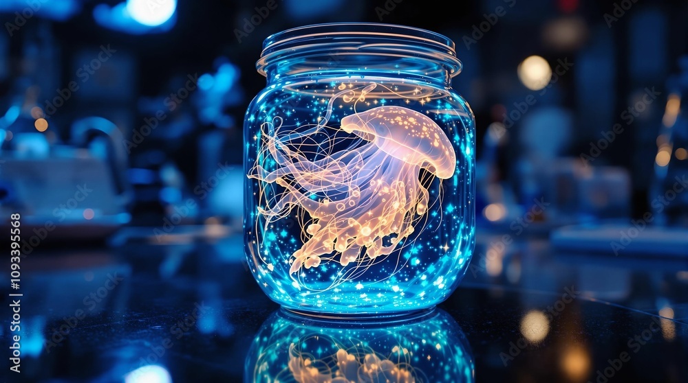 Poster 3d rendering of jellyfish in a glass jar with neon lights