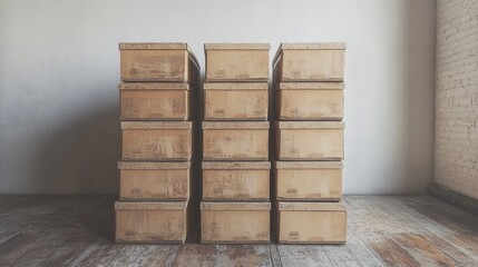 Neatly Stacked Cardboard Boxes Against a Plain Wall in an Industrial Setting with Wooden Flooring and Soft Natural Lighting