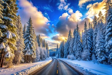 Fototapeta premium Tranquil winter scene with a snowy road leading through a frosty forest.