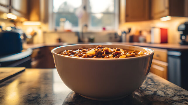 Close-Up of Homemade Hamburger Soup Captured in 4K Quality by an iPhone 15 Pro Max - Mouthwatering and Delicious.