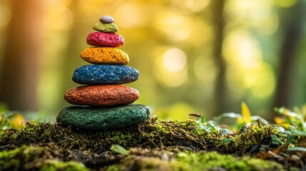 Colorful stacked stones meticulously balanced on a mossy surface, surrounded by a serene, softly lit forest backdrop.