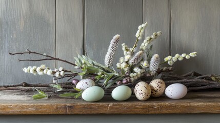 Obraz premium Easter decoration with catkins, colorful speckled eggs, and greenery on a rustic wooden surface, evoking a festive spring ambiance.