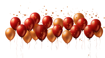 Celebrate in style with golden confetti and striking red and gold balloons, bringing vibrance and joy to any party setting, isolated on transparent background.