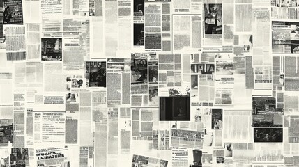 A collage of various newspaper clippings, showcasing diverse stories and headlines in a monochromatic layout.