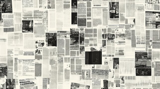 A collage of various newspaper clippings, showcasing diverse stories and headlines in a monochromatic layout.