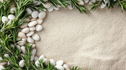 Rosemary wreath framed by smooth white pebbles on a soft neutral sand backdrop, providing an inviting space for text or personalization.