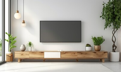 Mock up white wall background,Modern living room decor with a tv cabinet, Generative AI