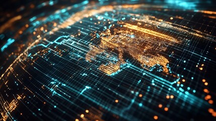 Digital global network concept: glowing world map with interconnected lines and dots, representing international data exchange and connectivity.