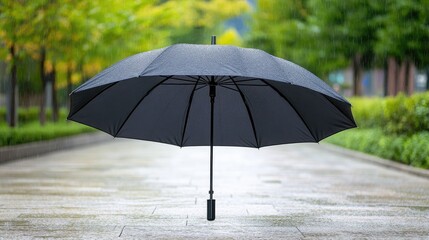 Black umbrella open in rainy weather with blurred street background, autumn foliage enhances somber mood amidst heavy rain and vibrant greenery.
