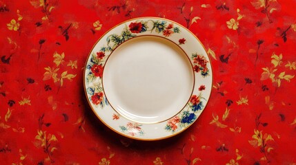 Empty Asian-style plate centered on a vibrant red floral backdrop, showcasing intricate floral designs around the rim.
