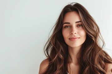 Fototapeta premium The detailed image depicts a beautiful young woman with elegant flowing hair, radiating confidence and beauty through her genuine smile, showcasing her allure and charm with a touch of innocence