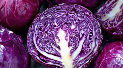 Obraz premium Vibrant red cabbage showcasing intricate purple and white patterns, with whole heads and a sliced section revealing its unique texture and natural beauty.