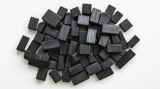 Arrangement of black wooden Scrabble tiles in various orientations on a clean white background, showcasing their textured surfaces and rectangular shapes.