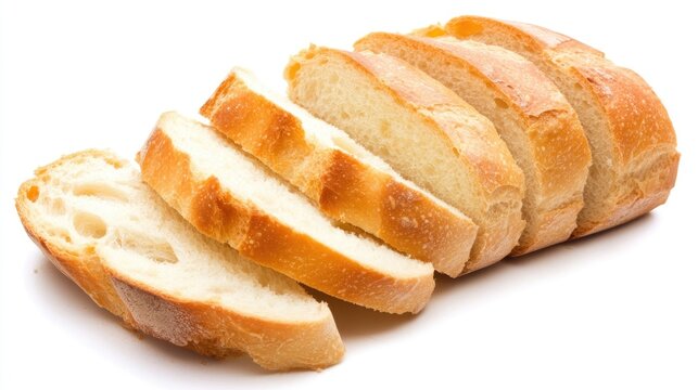 Freshly sliced bread displaying a golden crust and soft interior, arranged on a clean white background to emphasize its wholesome texture.
