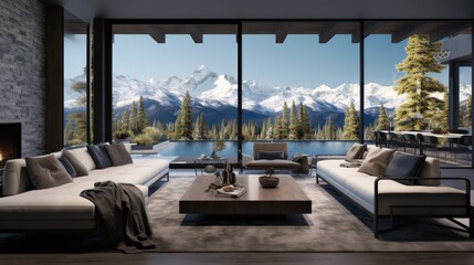 Fototapeta premium Modern interiors with plush seating overlook majestic mountain ranges through towering glass windows, blending comfort with breathtaking vistas.