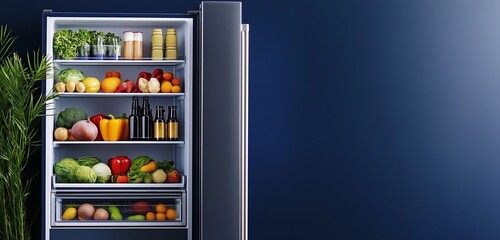 A clean and organized fridge full of fresh produce and beverages, placed against a navy blue wall background, creating a modern and refreshing look with plenty of copy space.