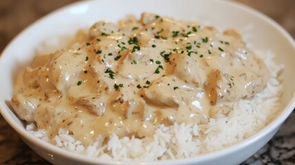 Creamy chicken stroganoff topped with fresh herbs, served over a mound of fluffy white rice in a deep bowl.