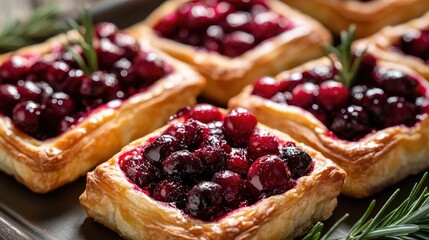 Cranberry-filled puff pastry tarts arranged beautifully on a platter, garnished with fresh rosemary sprigs for a festive touch.