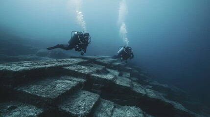 Two scuba divers exploring an underwater archaeological site featuring ancient stone structures and ruins submerged in deep blue ocean water