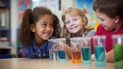 Children watch eagerly as a teacher demonstrates an experiment, colorful liquids in beakers sparking curiosity in a lively classroom.