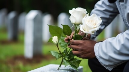 A solemn moment captured as a hand gently places a white rose on a gravestone, a vivid symbol of love and remembrance.