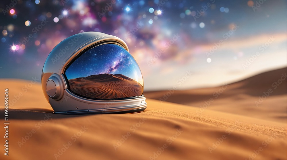 Poster astronaut helmet in the desert. 3d render illustration.