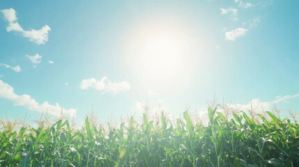 Lush green cornfield stretching towards a vibrant blue sky illuminated by the sun, ideal for showcasing agriculture and cereal production themes.