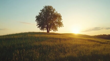 Fototapeta premium Solitary oak tree silhouetted against a vibrant sunset in a lush green meadow creating a serene summer evening landscape.