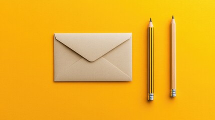 Minimalistic white card with kraft brown envelope and two pencils on a bright yellow background ideal for template mockup and creative designs