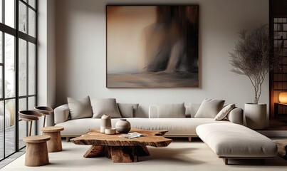 Obraz premium Rustic live edge table and chairs near beige sofa. Scandinavian interior design of modern living room with big art poster, Generative AI