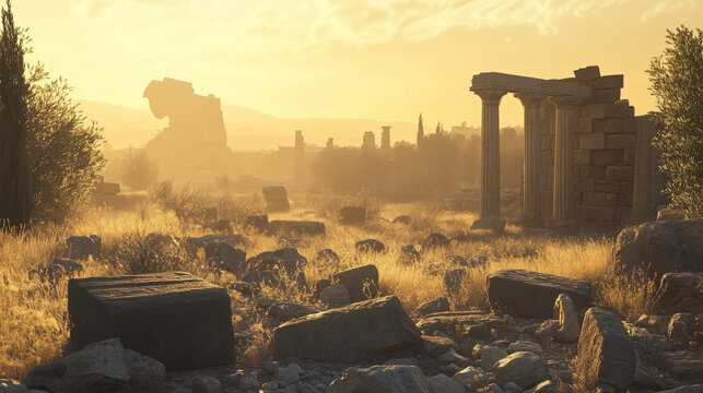 The ruins of ancient Troy with scattered stones, broken columns, and a faint silhouette of the Trojan Horse in the background