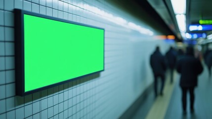 Green advertising mockup board mounted on a tiled wall in an underground station, with blurred figures walking by in the background.