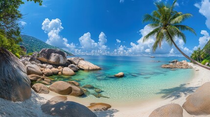 Idyllic Tropical Beach Scene With Palm Tree And Rocks