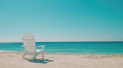 White adirondack chair on a serene sandy beach overlooking tranquil turquoise waters under a clear blue sky, ideal for summer vacation promotions.