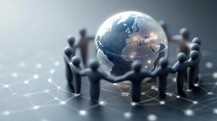 A symbolic image of global collaboration, highlighting a digital Earth surrounded by figures connected through economic and regional partnerships for conferences and shared prosperity.