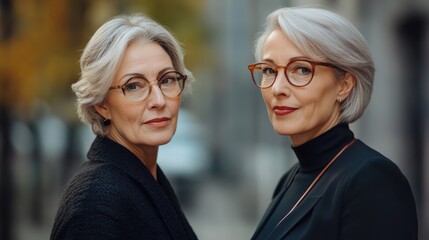 Fototapeta premium Portrait of two confident women with silver hair and glasses, exuding professionalism in an urban setting with a soft focus on their features.