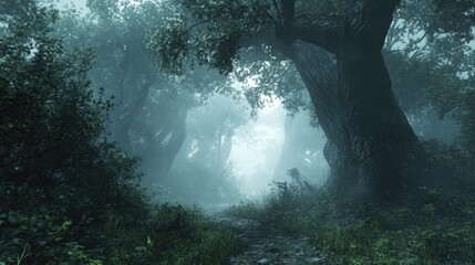 Obraz premium Dense forest shrouded in mysterious fog, creating an eerie atmosphere with towering trees and lush undergrowth, inviting exploration and intrigue.