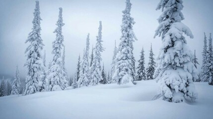 Naklejka premium Majestic tall trees blanketed in fresh snow stand under a moody gray sky, creating a serene and tranquil winter landscape.