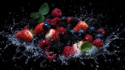 Splashing mixed berries in water on a black background highlighting vibrant colors and freshness with studio lighting for enhanced visual appeal